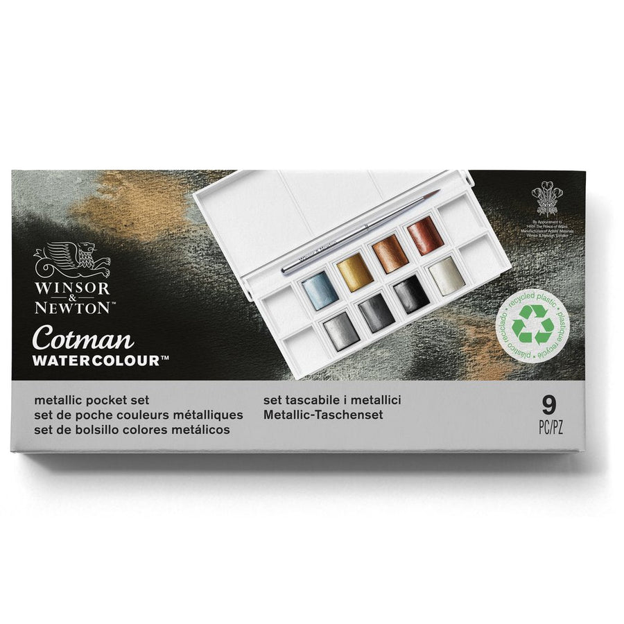 Winsor & Newton Cotman Watercolour 8 Half Pan Metallic Pocket Set, Front view of set against a white background