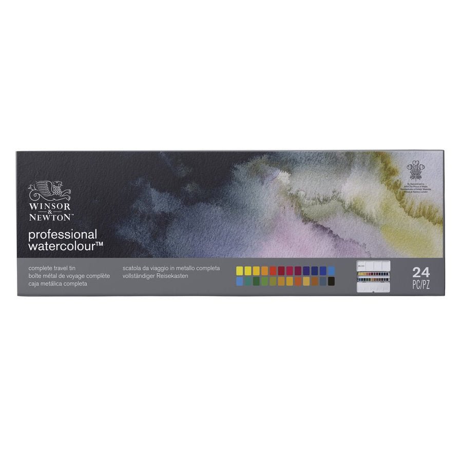Winsor & Newton Professional Watercolour Complete Travel Tin 24 Half Pans, Front view of set against a white background
